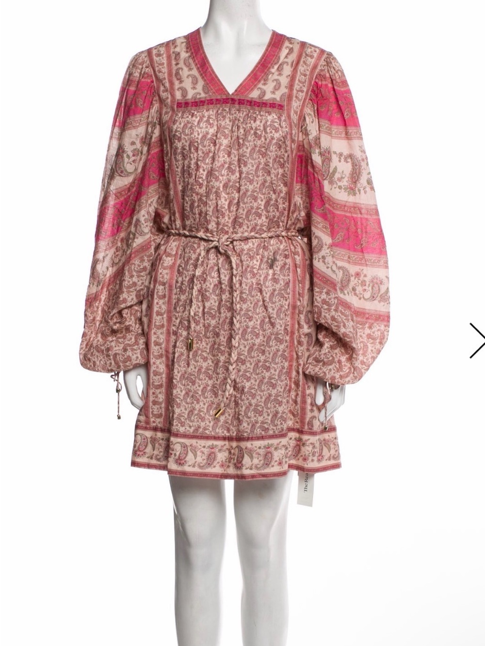 Zimmermann Pink & Cream Paisley Tie-Waist Long Sleeve Dress